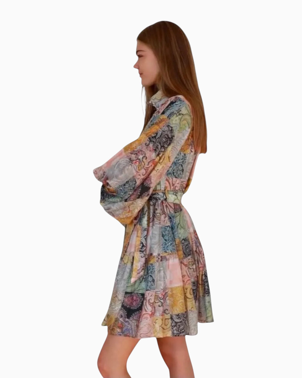 Thrift N Gift Charlotte The Label boho patchwork mini dress with balloon sleeves and waist belt on a model