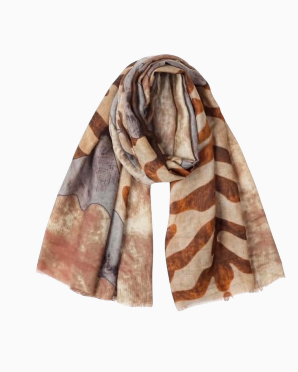Thrift N Gift lightweight scarf with abstract brown, tan, and grey print and frayed edges on a white background