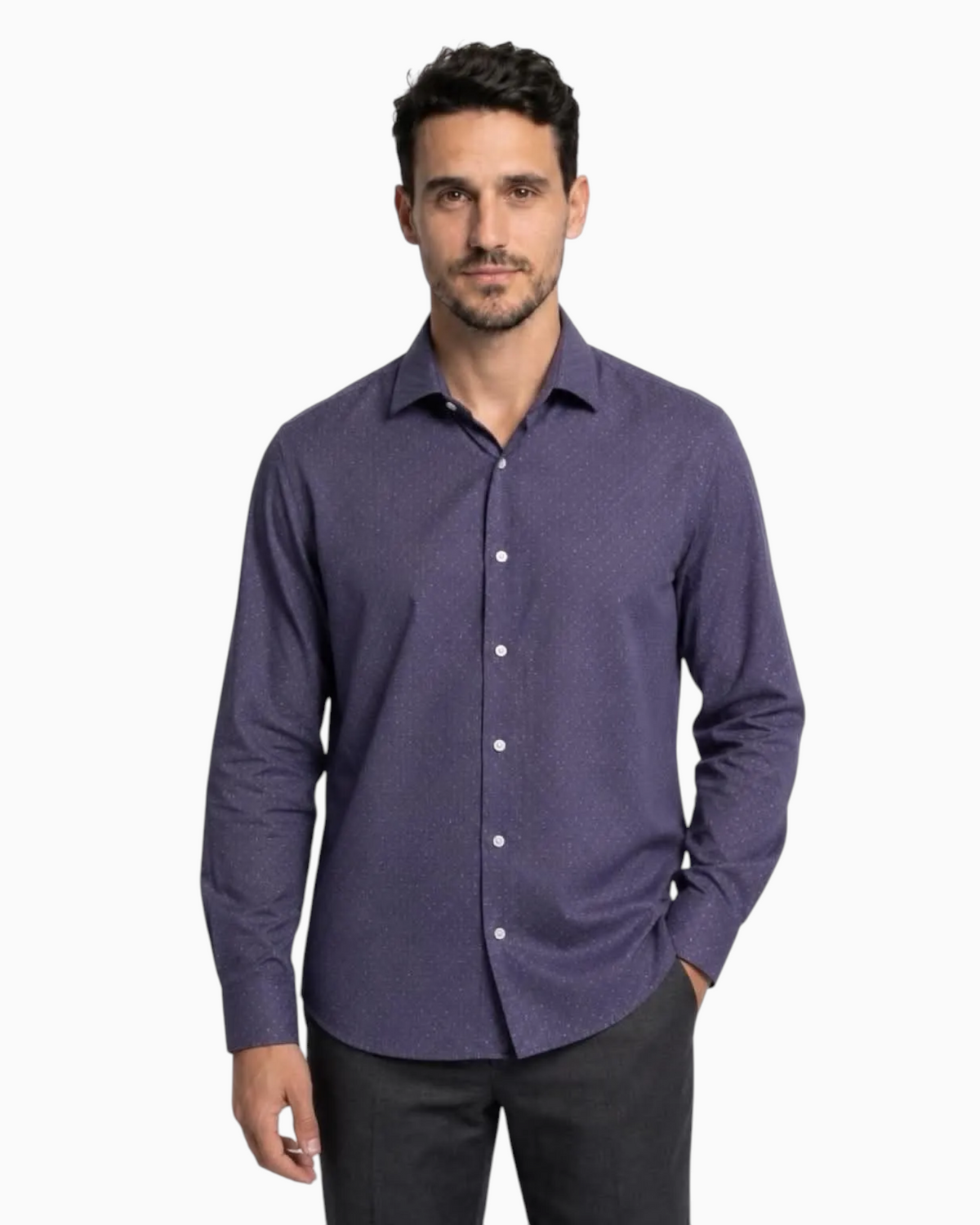 Thrift N Gift men's deep purple long-sleeve dress shirt with a subtle micro-dot pattern and classic spread collar.