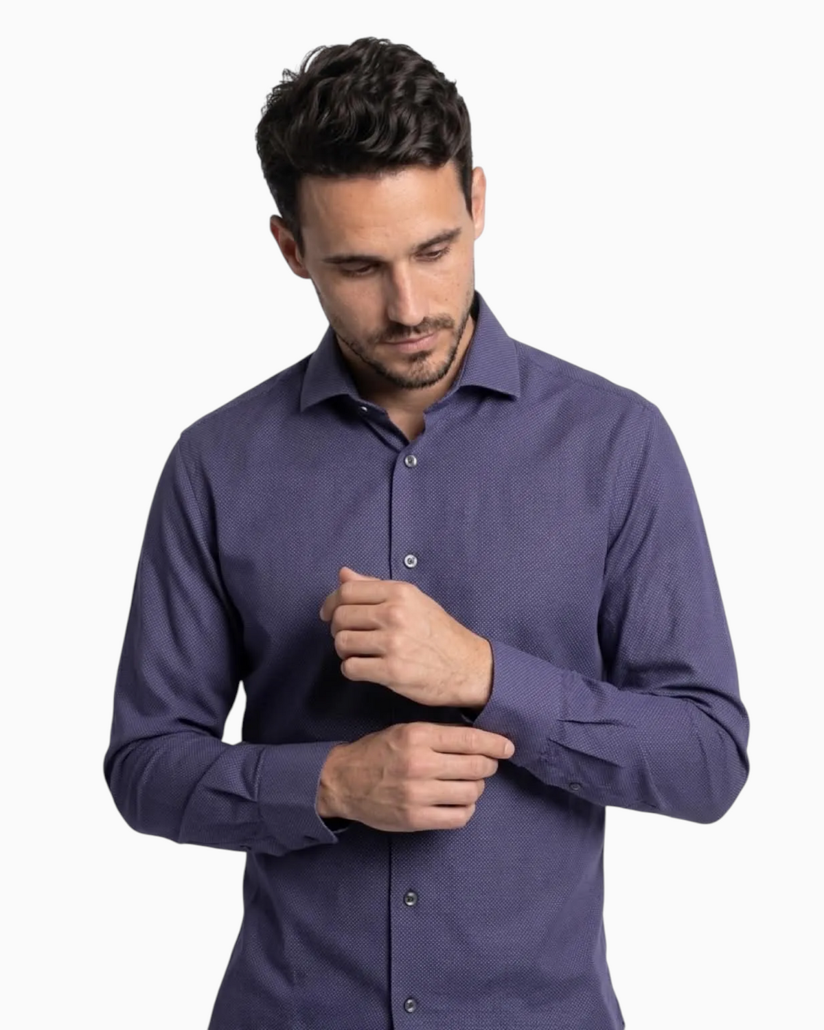 Thrift N Gift men's deep purple long sleeve dress shirt with a micro-dot pattern and structured spread collar.