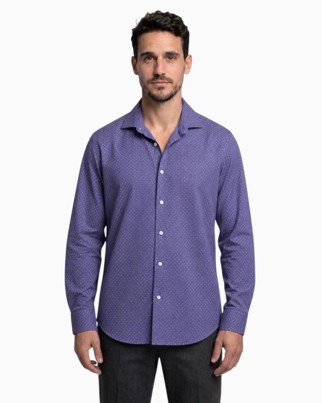 Thrift N Gift men's deep purple long sleeve button-down dress shirt with a subtle white micro-dot geometric pattern.