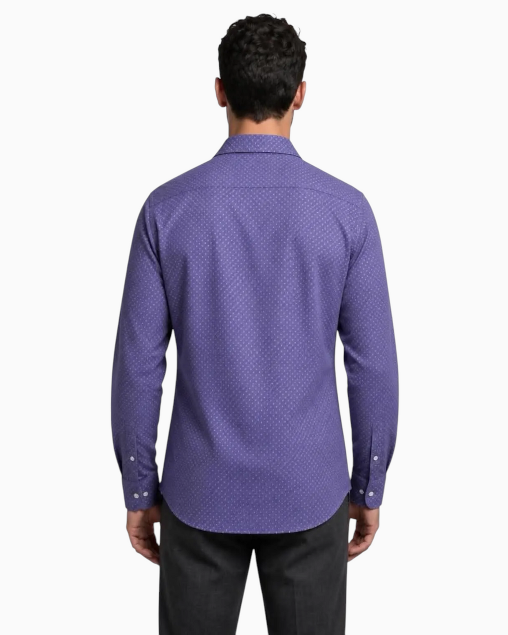 Back view of a Thrift N Gift men's deep purple long-sleeve dress shirt with a subtle micro-dot geometric pattern.