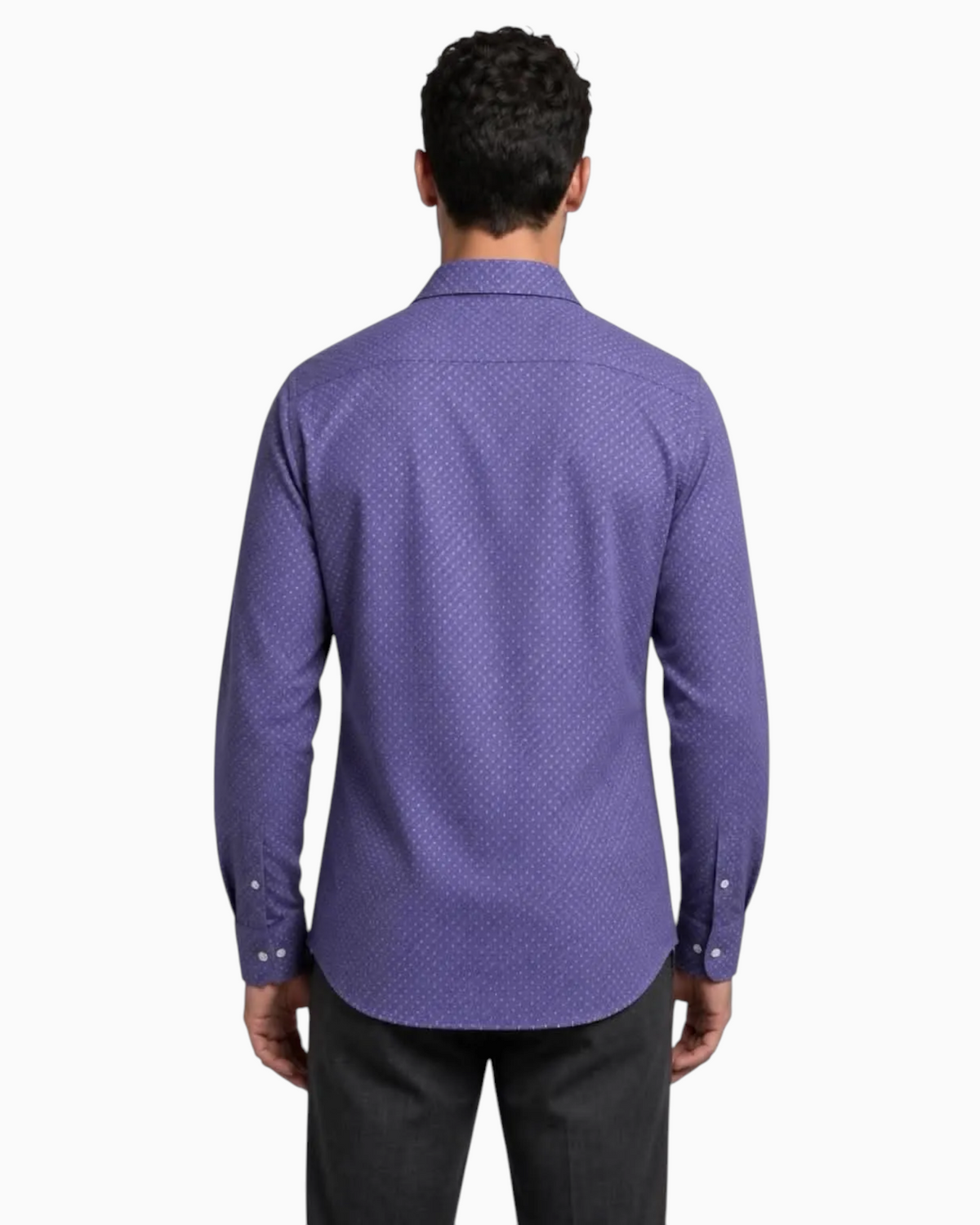Back view of a Thrift N Gift men's deep purple long-sleeve dress shirt with a subtle micro-dot geometric pattern.