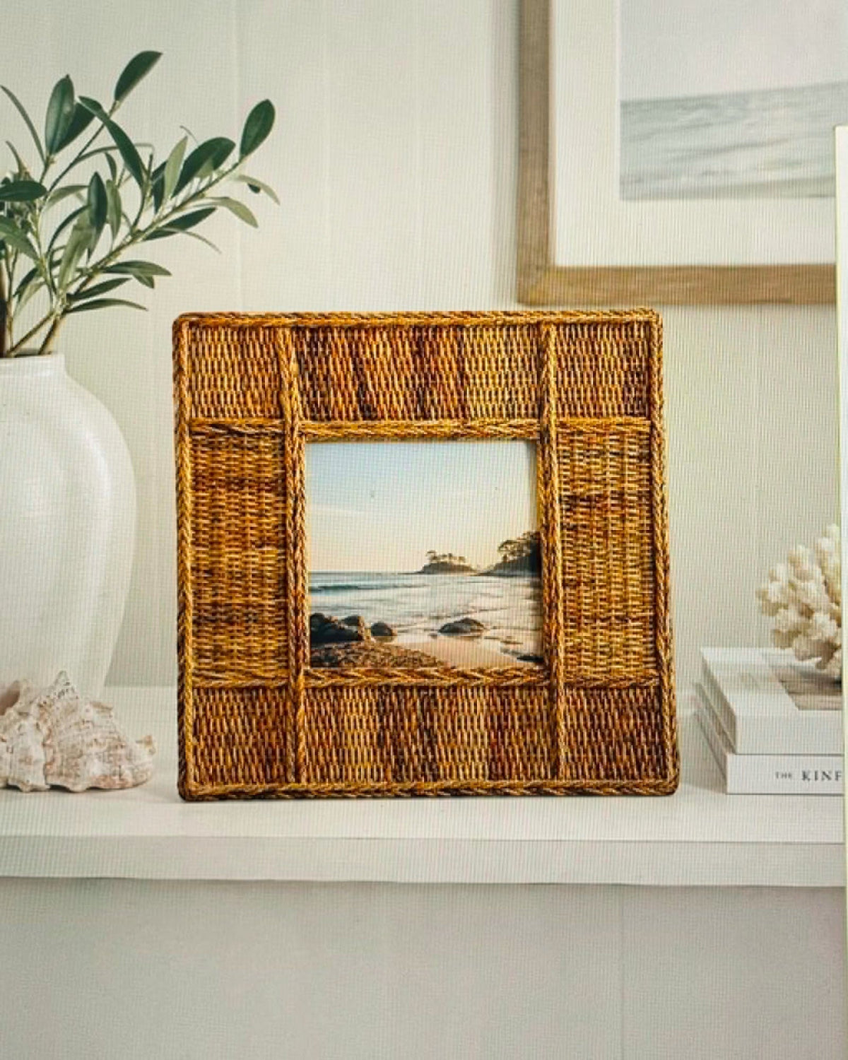Thrift N Gift handwoven rattan square picture frame for 4x4 photos, featuring a natural coastal design.