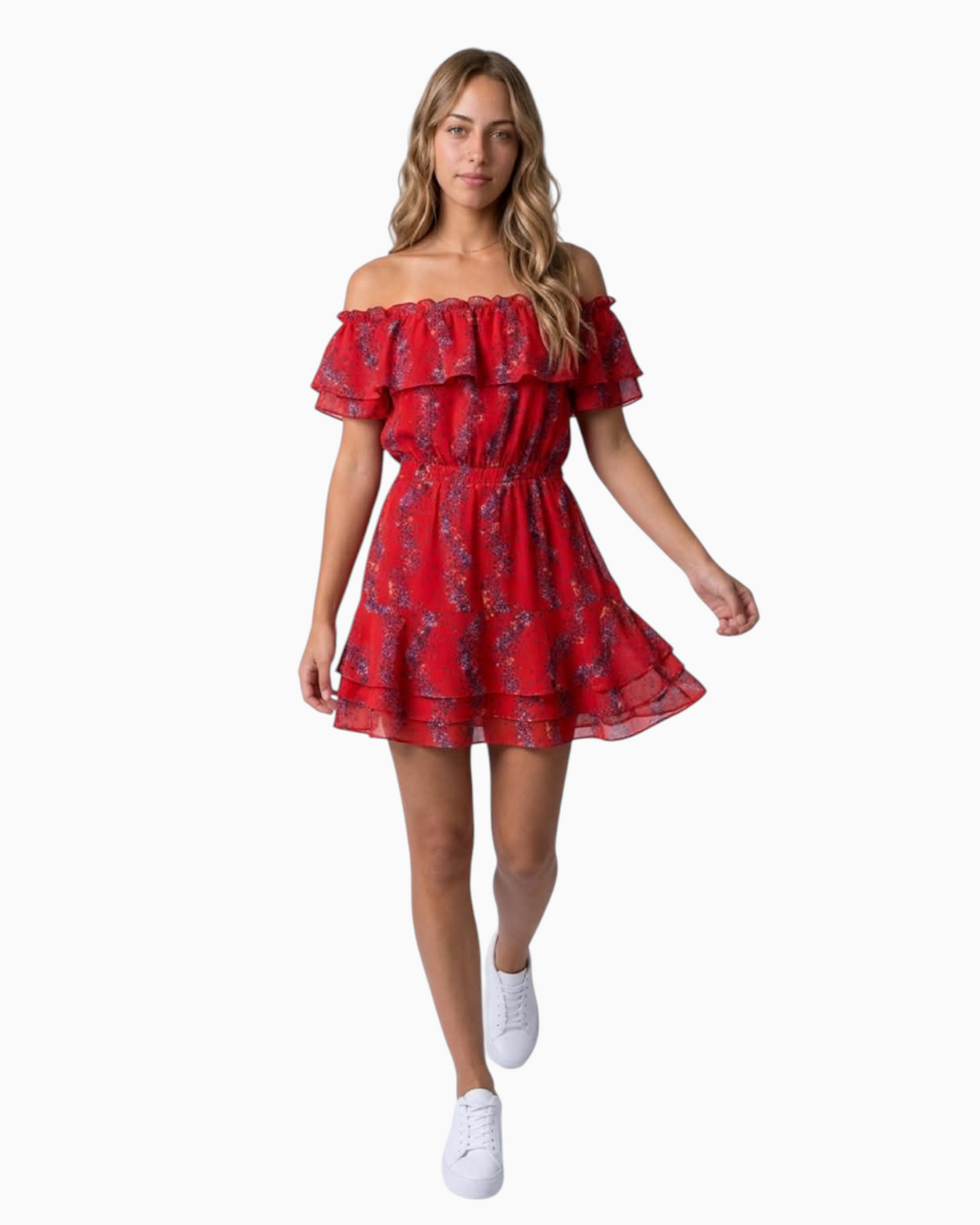 Thrift N Gift red floral off-the-shoulder mini dress with ruffled neckline and tiered skirt worn by a model