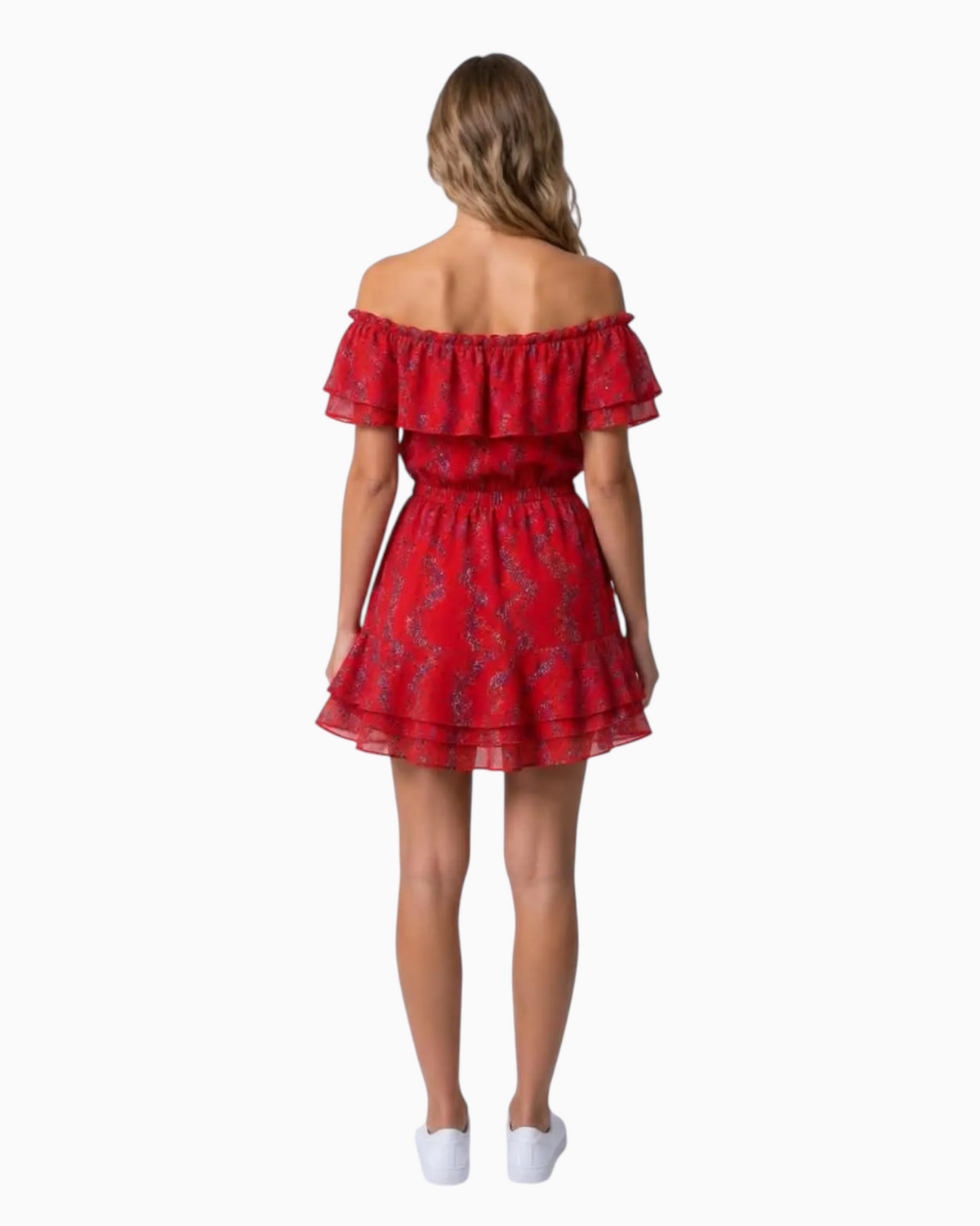 Back view of a Thrift N Gift red floral off-the-shoulder mini dress with ruffled neckline and tiered skirt.