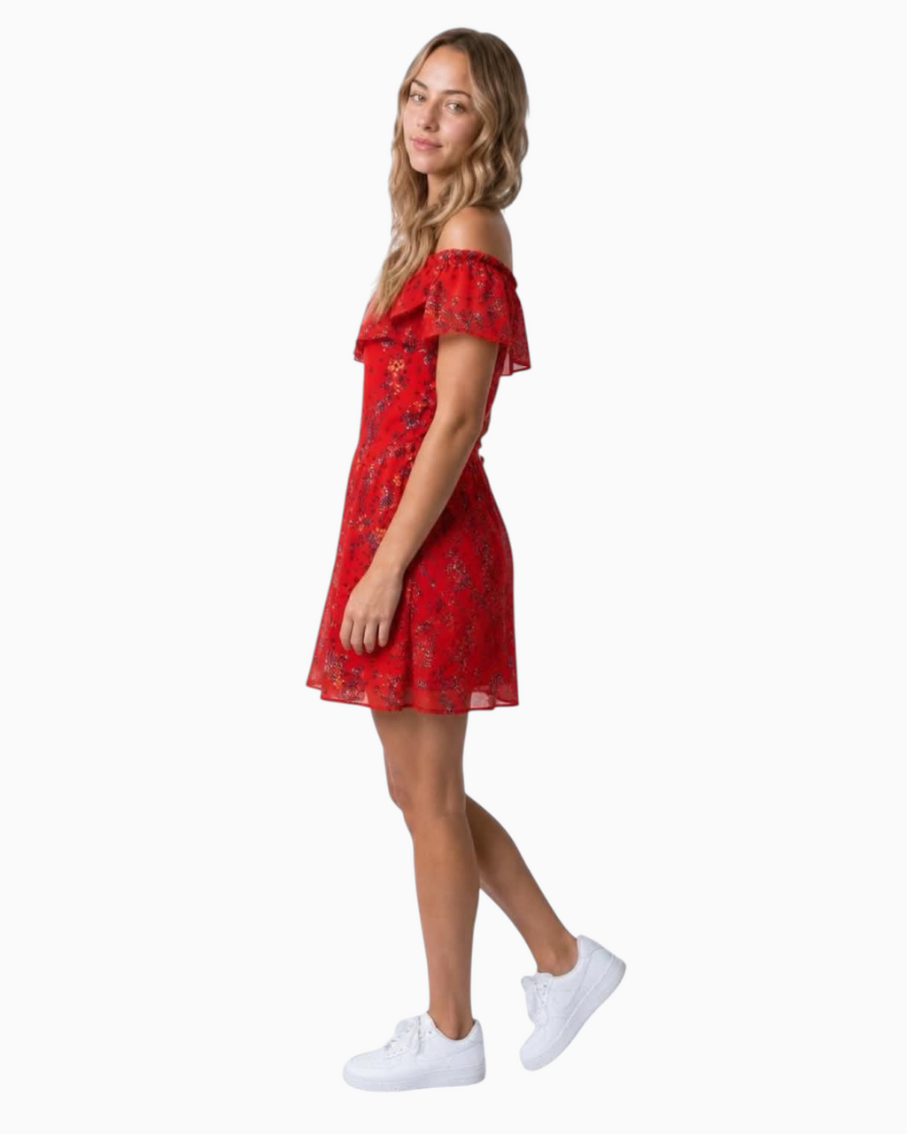Thrift N Gift red floral off-the-shoulder mini dress with ruffled neckline and tiered skirt worn by a model