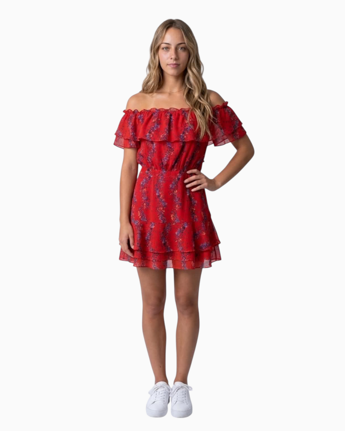 Thrift N Gift red floral off-the-shoulder mini dress with ruffled neckline and tiered skirt worn by a model
