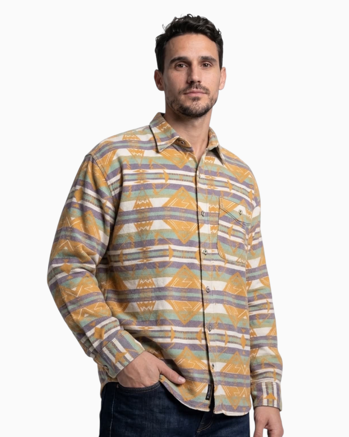 Thrift N Gift men's long sleeve button-down shirt with a geometric southwestern pattern in mustard, teal, and grey.
