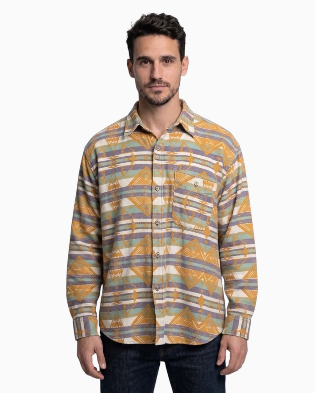 Thrift N Gift long sleeve button down shirt featuring a geometric southwestern print in mustard, teal, and grey.