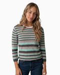 Thrift N Gift women's crew neck knit sweater with brown, beige, and aqua blue stripes and three-quarter sleeves