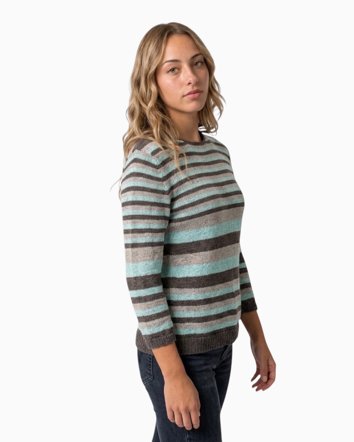 Thrift N Gift striped knit sweater with crew neck and three-quarter sleeves in brown, beige, and aqua blue on a model