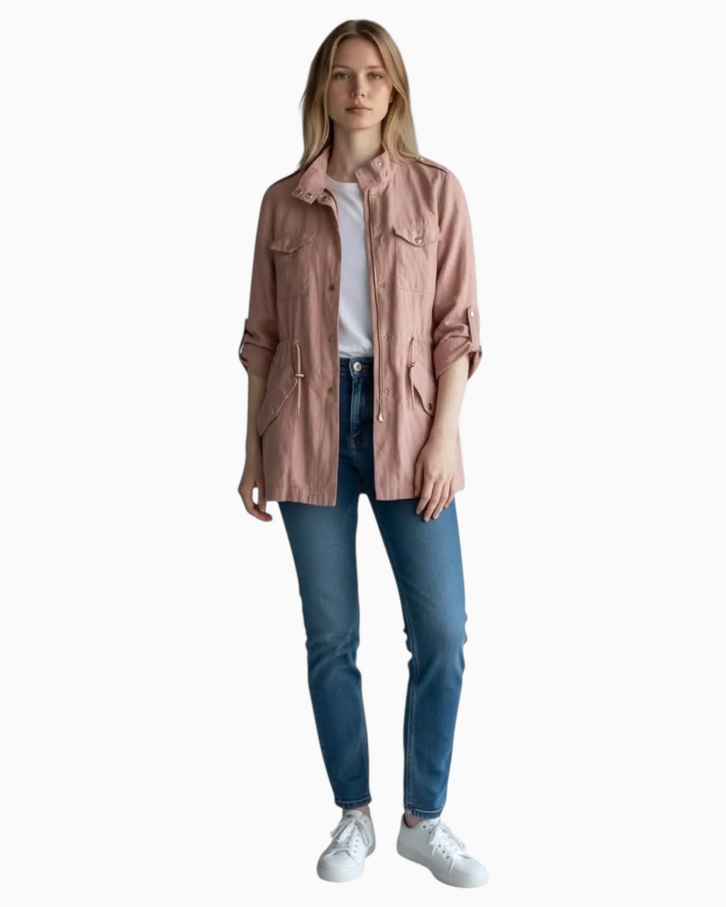 Thrift N Gift Zara lightweight utility jacket in dusty pink with gold toggles and buttons worn by a model