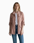 Thrift N Gift Zara lightweight utility jacket in dusty pink with gold hardware, drawstring waist, and rolled sleeves.