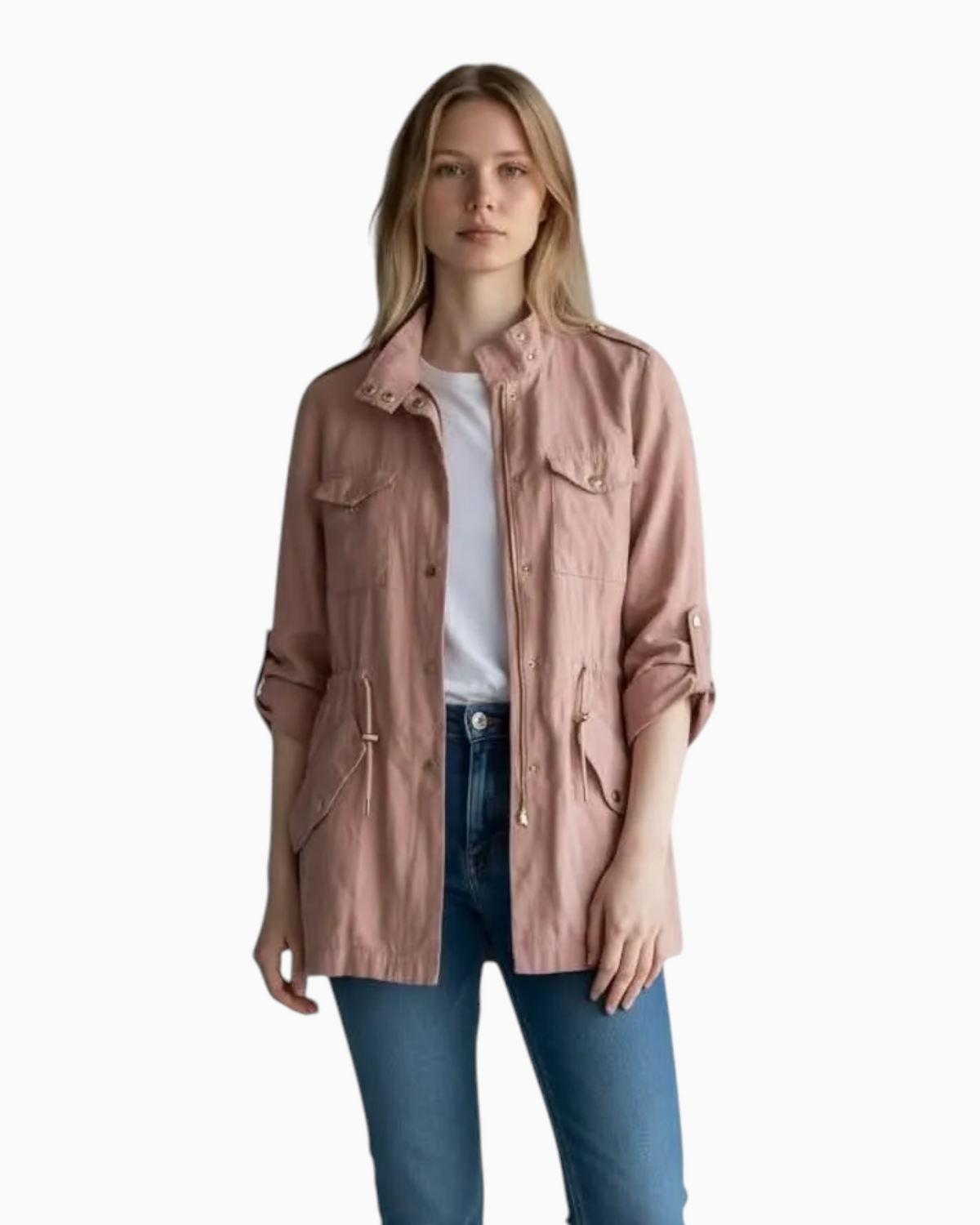 Thrift N Gift Zara lightweight utility jacket in dusty pink with gold hardware, drawstring waist, and rolled sleeves.